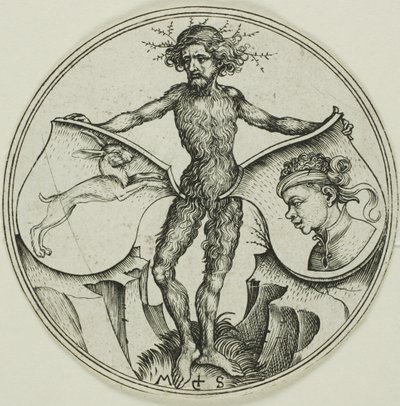 To skjolde med en hare og et hedehoved, holdt af en vildmand af Martin Schongauer