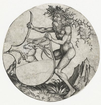 Våbenskjold med en hjort, holdt af en vild mand med en kølle Figurer med våbenskjolde (serietitel) af Martin Schongauer