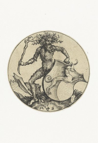 Våbenskjold med en hund, holdt af en vild mand med en kølle Figurer med våbenskjolde (serietitel) af Martin Schongauer