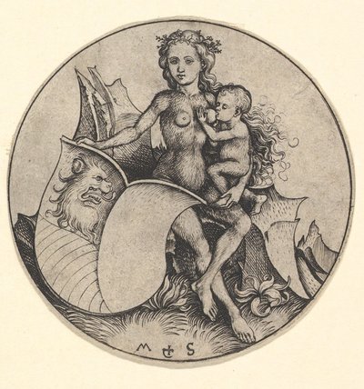 Vild kvinde, der holder et skjold med et løvehoved, ca. 1435-1491. af Martin Schongauer