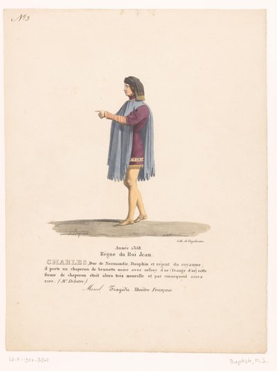 Kostuum van de dauphin Karel van Valois ud af tragedie Marcel Charles, hertug af Normandiet (titel på objekt) Theaterkostuums (serietitel) Fransk Teater: samling af kostumer af MM. J. Alaux og L. Duponchel fra manuskripttegninger i Bibliot af Martin Sylvestre Baptiste