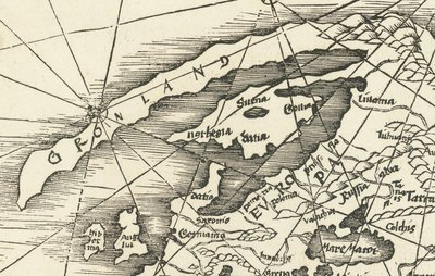 Kort over Nordsøen fra 1513 med Grønland forbundet med Skandinavien af Martin Waldseemuller