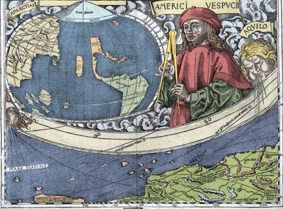 VESPUCCI, Amerigo (1454-1512). Italiensk opdagelsesrejsende og kartografi i "Waldseemuller-kort eller Universalis Cosmographia - (Universal Cosmography) - Waldseemuller Planisphere"" - 1507 - af Martin Waldseemuller
