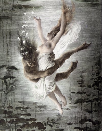 Marinemonster, der bortfører en ung kvinde (detalje fra 14299), "" Allegorien"", Martin Gerlach, ca. 1900. af Martin senior Gerlach
