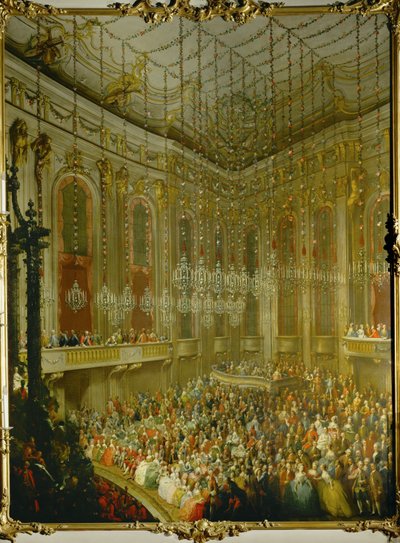 Bryllupskoncert for kejser Joseph II og Isabella af Parma;serenade i Redoutensaal i Wiens kejserpalads ... (olie på lærred) af Martin van Mytens or Meytens