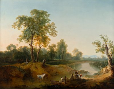 Ryttere og fiskere i et flodlandskab af Martin von Molitor