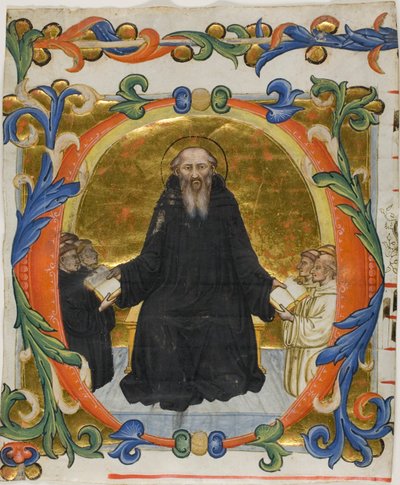 Sankt Benedikt præsenterer sin regel for benediktiner- og cisterciensermunke i en historisk initial "O" fra en korbog af Martino di Bartolomeo di Biagio
