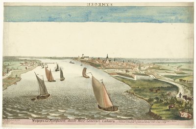 Udsigt over fæstningsværkerne nær Nijmegen på Waal Nymegen forstærket af Sir General Coehoorn (titel på objekt) af Martinus Berkenboom
