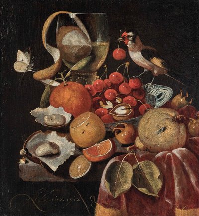Stilleben med frugter og en bogfinke af Martinus Nellius