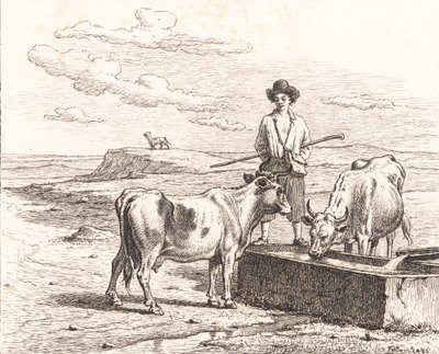En hyrdedreng ved et vandingstrug. Illustrion til Chr. Winther "Femogtyve Billeder for små Børn" af Martinus Rørbye