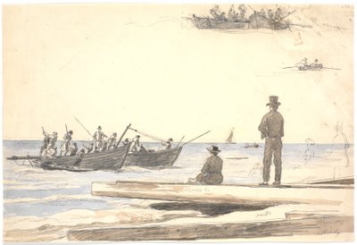 To fiskerbåde sejler ind mod Skagens strand af Martinus Rørbye