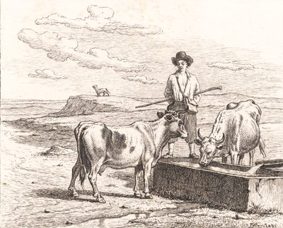 En hyrdedreng ved et vandingstrug. Illustrion til Chr. Winther "Femogtyve Billeder for små Børn" af Martinus Rørbye