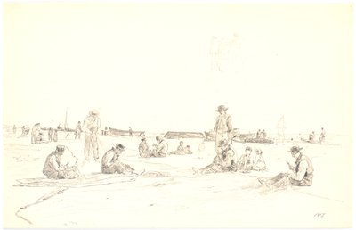 Fiskere bøder garn ved stranden, Skagen af Martinus Rørbye