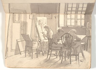 Interiør fra akademiet med malende og tegnende kunstnere af Martinus Rørbye