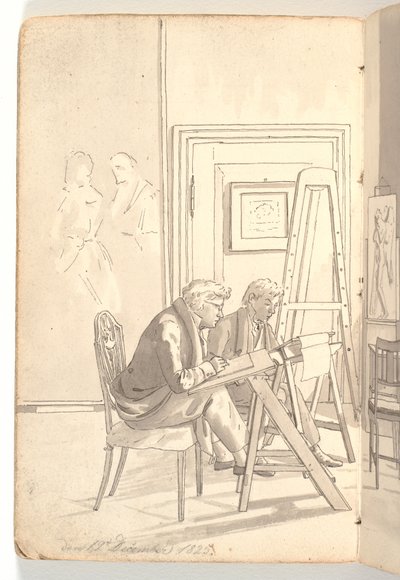 Interiør fra akademiet med tegnende unge kunstnere af Martinus Rørbye