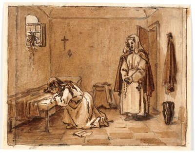 Kompositionsstudie med en grædende kvinde på knæ, på gulvet et brev, bag hende en nonne af Martinus Rørbye