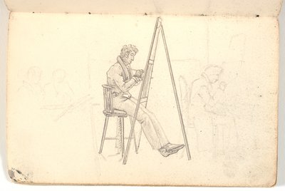 Kunstner ved staffeli, samt rids af figurer i baggrunden af Martinus Rørbye