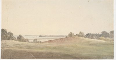 Landskab med vand i baggrunden og hus t.h. af Martinus Rørbye