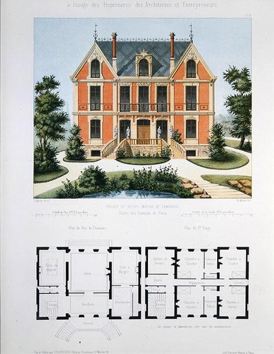 Projekt til et lille landsted i nærheden af Paris, graveret af Walter, plade 6 fra "Architecture Pittoresque et Moderne" (farve litografi) af Marty (after)