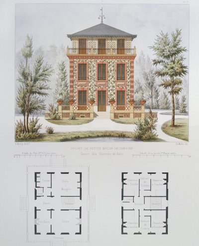 Projekt til et lille landsted nær Paris, graveret af Walter, plade 18 fra Architecture Pittoresque et Moderne af Marty
