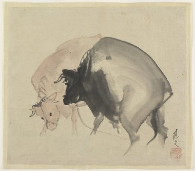 Two Bulls, ca. 1810 (blæk og farver på papir) af Maruyama Oju
