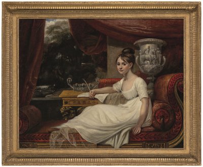 Portræt af Eleanor Anne Porden, Lady Franklin (1795-1825), på en chaiselongue (olie på lærred) af Mary Ann Flaxman