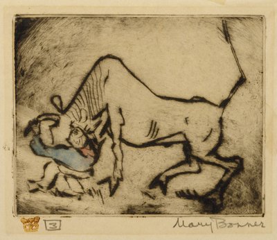 Bull-Dogging (håndfarvet ætsning) af Mary Bonner