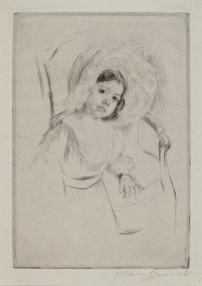 Margot i en floppy motorhjelm lænet op ad en stol af Mary Cassatt