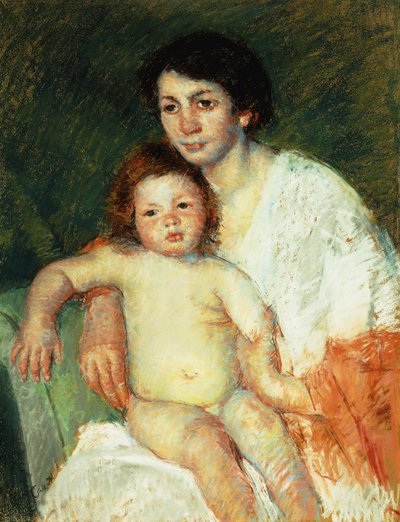 Nøgen baby på mors skød hviler sin højre arm på stoleryggen, 1913 af Mary Cassatt