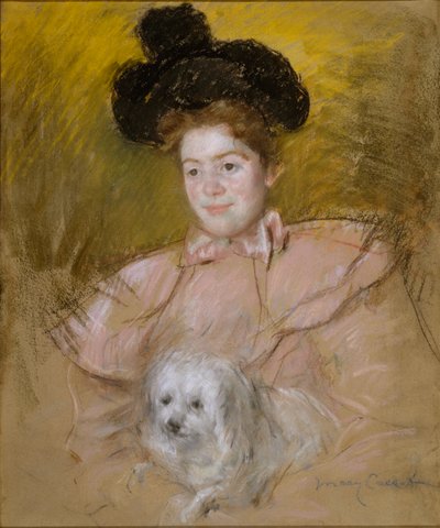Kvinde i hindbærfarvet dragt med en hund af Mary Cassatt