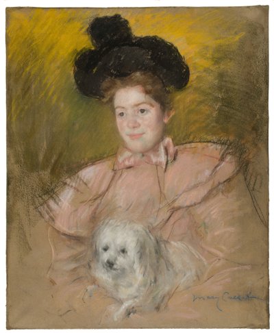 Kvinde i hindbærkostume holder en hund, ca. 1901. af Mary Cassatt