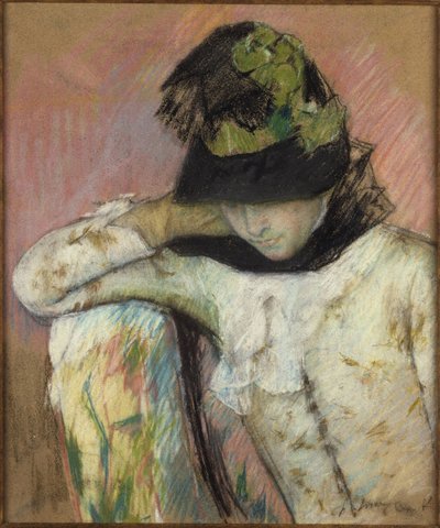 Ung kvinde med en sort og grøn hue, der ser ned af Mary Cassatt