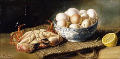 En krabbe og en skål æg på en kurv, med en flaske og en halv citron af Mary E. Powis