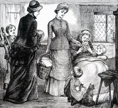 En kvinde, der giver gaver til en fattig sommerhusmand. Af Mary Ellen Edwards (1838-1934), en engelsk kunstner af Mary Ellen Edwards