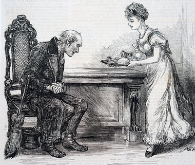 En kvinde, der giver overfartens fejemaskine en varm middag. Af Mary Ellen Edwards (1838-1934), en engelsk kunstner af Mary Ellen Edwards