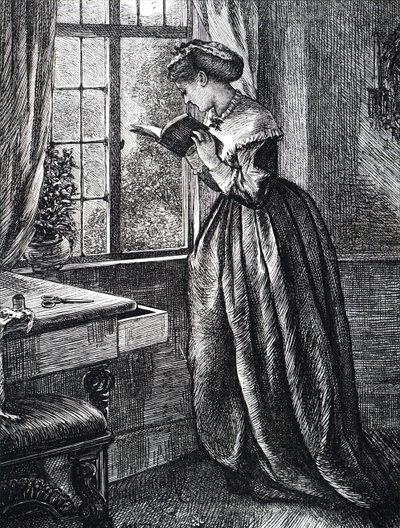 En ung kvinde læser ved et åbent vindue. af Mary Ellen Edwards