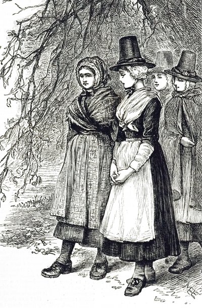 En gravering, der forestiller walisiske piger på en Hollantide Fair, en ansættelsesmesse, der venter på at blive forlovet som hushjælp. Illustreret af Mary Ellen Edwards (1838-1934), en engelsk kunstner og illustrator af børnebøger af Mary Ellen Edwards