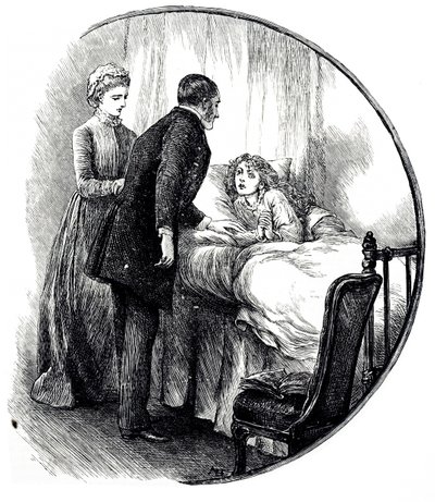 En gravering, der forestiller en læge, der besøger sin unge patient derhjemme. Illustreret af Mary Ellen Edwards (1838-1934), en engelsk kunstner og produktiv illustrator af børnebøger af Mary Ellen Edwards