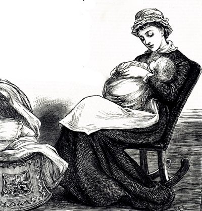 En gravering, der forestiller en mor, der vugger sin baby. Illustreret Mary Ellen Edwards (1838-1934), en engelsk kunstner og produktiv illustrator af børnebøger af Mary Ellen Edwards