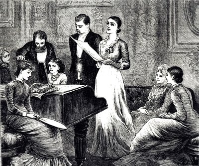 En gravering, der forestiller en musikalsk aften. Illustreret af Mary Ellen Edwards (1838-1934), en engelsk kunstner og illustrator af børnebøger af Mary Ellen Edwards
