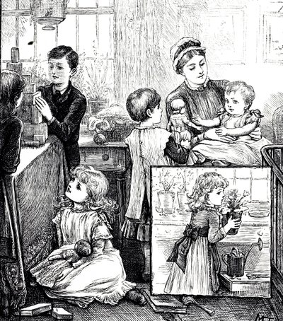 En gravering, der viser en regulær scene af en velhavende victoriansk familie. På hovedbilledet bliver børnene overvåget af deres børnepige, mens de leger med byggesten. Indsatsbilledet viser en lille pige placerer en potteplante på en vindueskarm. jeg af Mary Ellen Edwards