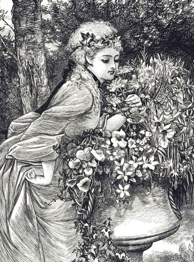 En gravering, der forestiller en ung pige, der lugter blomster, anbragt i en haveurne. Illustreret af Mary Ellen Edwards (1838-1934), en engelsk kunstner og illustrator af børnebøger af Mary Ellen Edwards