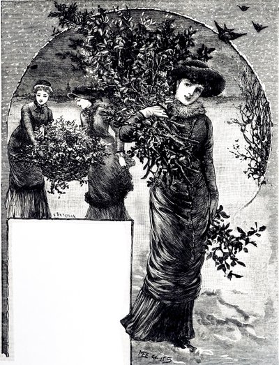 En gravering, der viser samlingen af kristtorn og stedsegrøn til juledekoration. Illustreret af Mary Ellen Edwards (1838-1934), en engelsk kunstner og illustrator af børnebøger af Mary Ellen Edwards