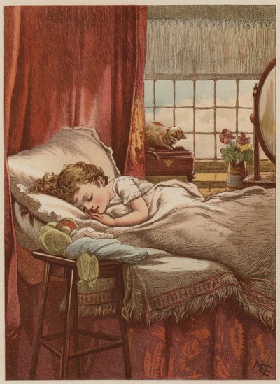 Barn sovende i seng (chromolitho) af Mary Ellen Edwards