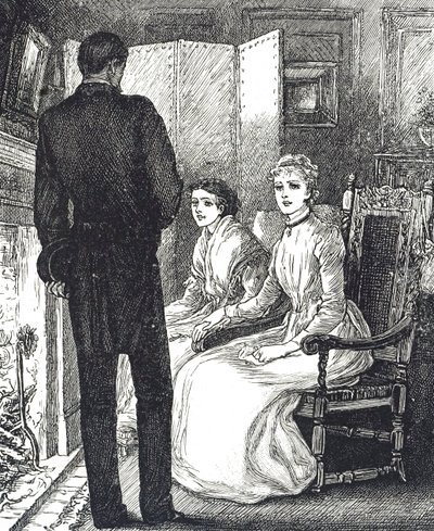 Gravering af to kvinder, der holder varmen ved siden af pejsen af Mary Ellen Edwards
