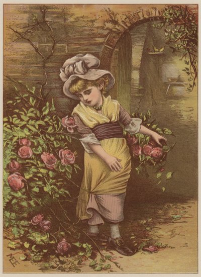 Pige plukker roser (chromolitho) af Mary Ellen Edwards