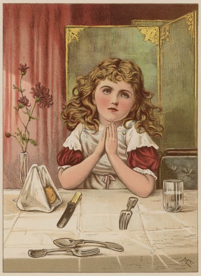 Pige, der beder bordbøn før måltidet (chromolitho) af Mary Ellen Edwards
