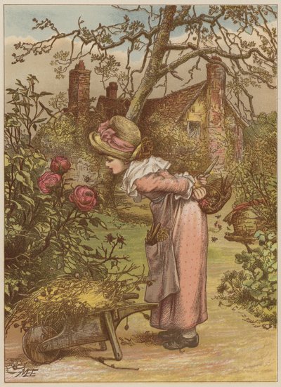 Pige ser på bi i haven (chromolitho) af Mary Ellen Edwards