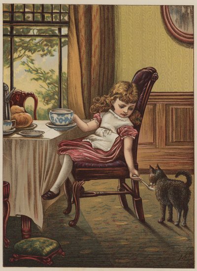 Pige med sort kat (chromolitho) af Mary Ellen Edwards