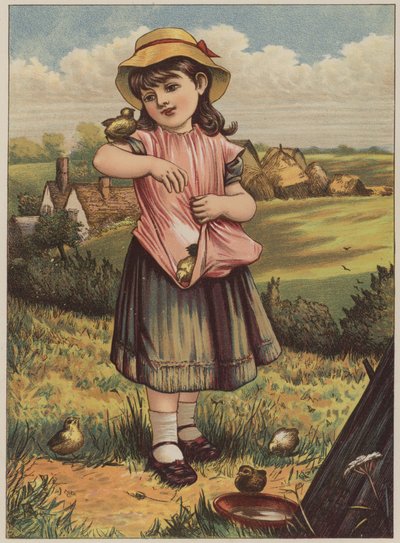 Pige med kyllinger (chromolitho) af Mary Ellen Edwards